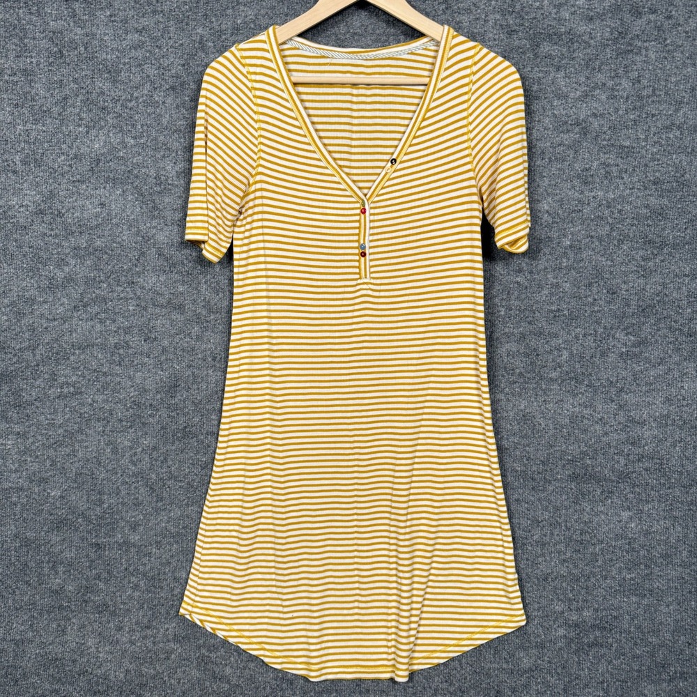 Anthropologie Small Ribbed Knit Sweater Dress White Tan Striped Short Sleeves